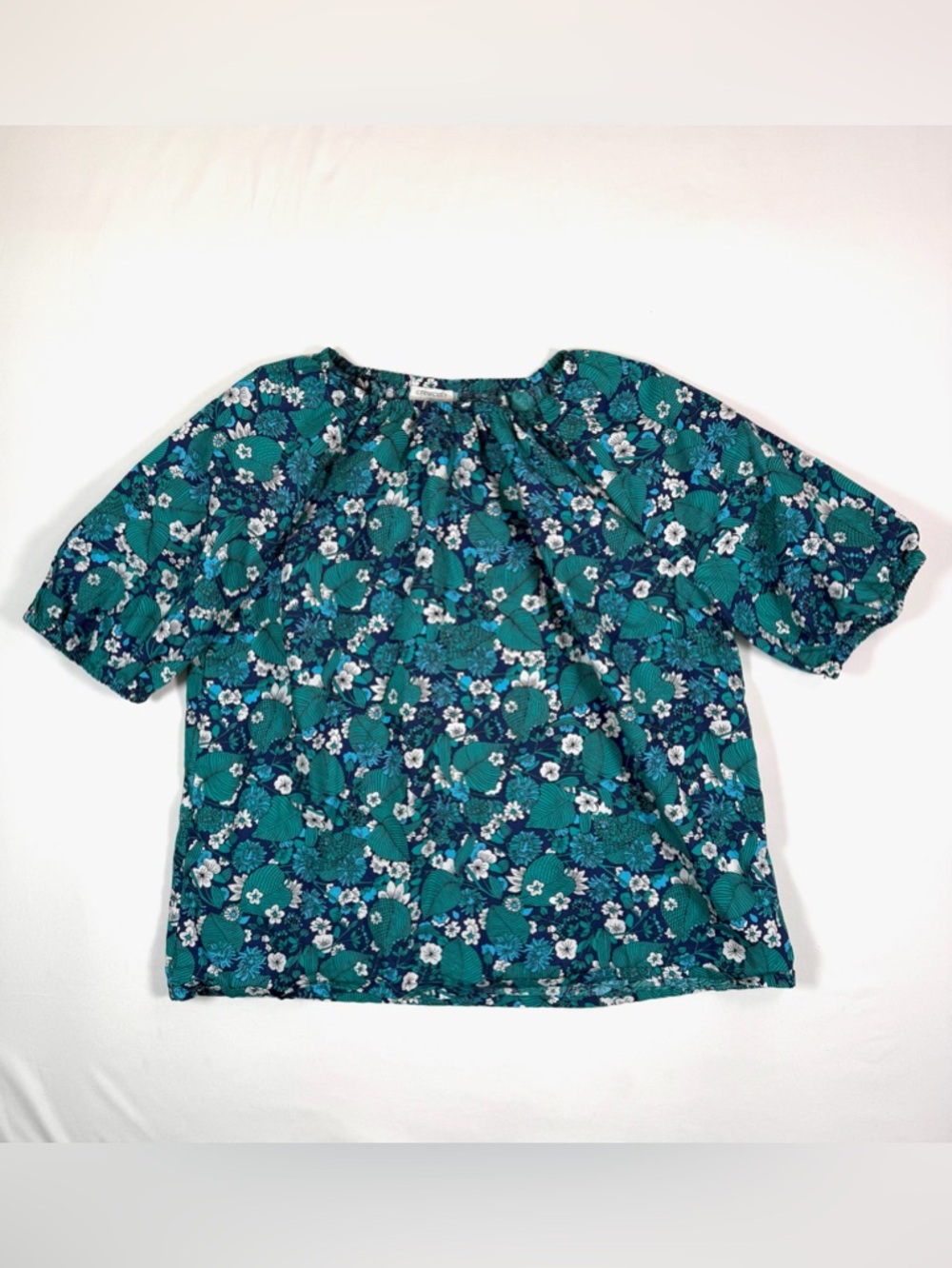CREWCUTS Girls 12-14 Floral Blouse Short Sleeve Teal Blue Print Lightweight Top